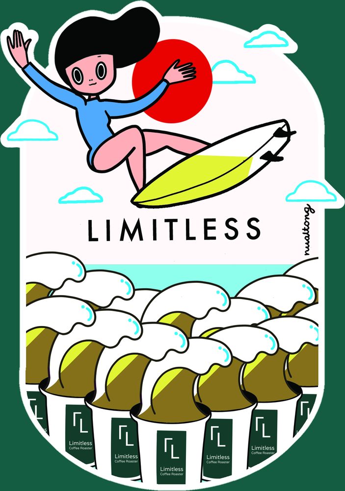 ภาพวาดคนโต้คลื่นลอยอยู่เหนือทะเลแก้วกาแฟ พร้อมคำว่า LIMITLESS