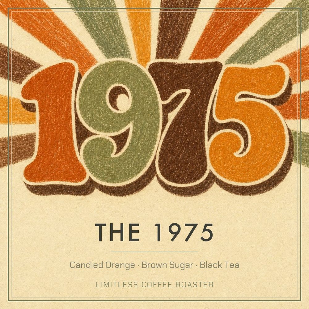 ภาพวาดสีเทียนตัวเลข 1975 ทรงอ้วนมนแบบโปสเตอร์ยุคเจ็ดสิบ มีรัศมีแผ่ด้านหลัง