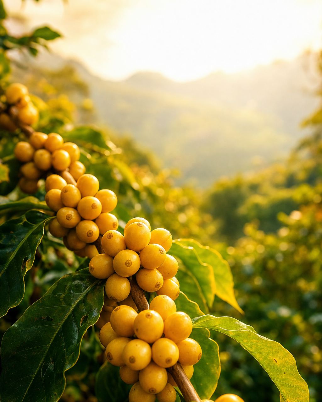 เชอร์รี่กาแฟสุกสีเหลืองบนต้น